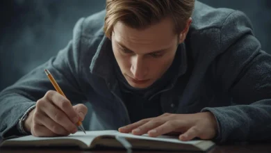 Persona estudiando con cuaderno y lápiz, mostrando concentración y motivación