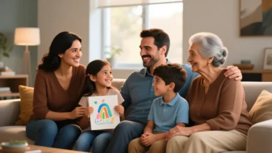 Métodos sencillos para mejorar la comunicación familiar: imagen con personas semi-realistas de rasgos europeos e hispánicos conversando en un ambiente cálido y natural, expresiones relajadas, luz artística equilibrada y colores suaves que transmiten armonía y conexión emocional.