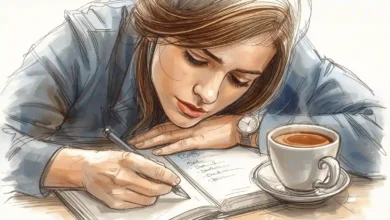Persona escribiendo sus metas en un cuaderno con una taza de café, simbolizando planificación y enfoque diario.