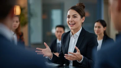 Persona hablando con confianza en una reunión de trabajo