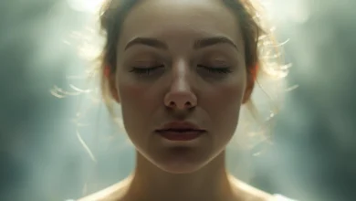 Persona practicando mindfulness con los ojos cerrados y una expresión tranquila