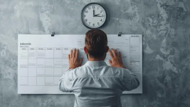 Persona organizando su jornada laboral con un calendario y reloj