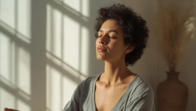 Persona practicando ejercicios de respiración consciente en un entorno tranquilo